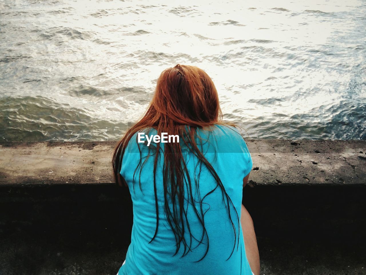 Rear view of woman sitting against sea