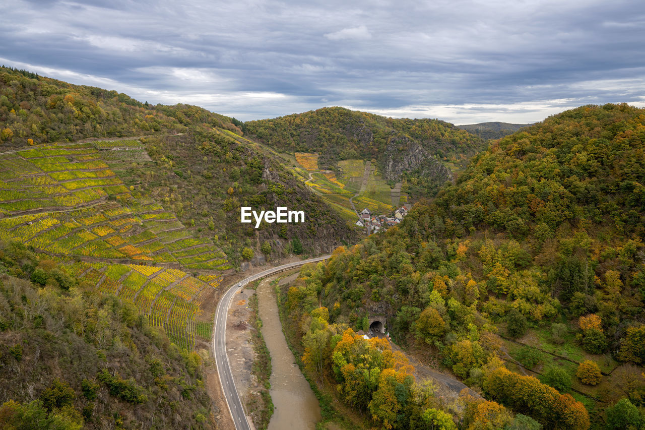 high angle view of trees and mountains against sky