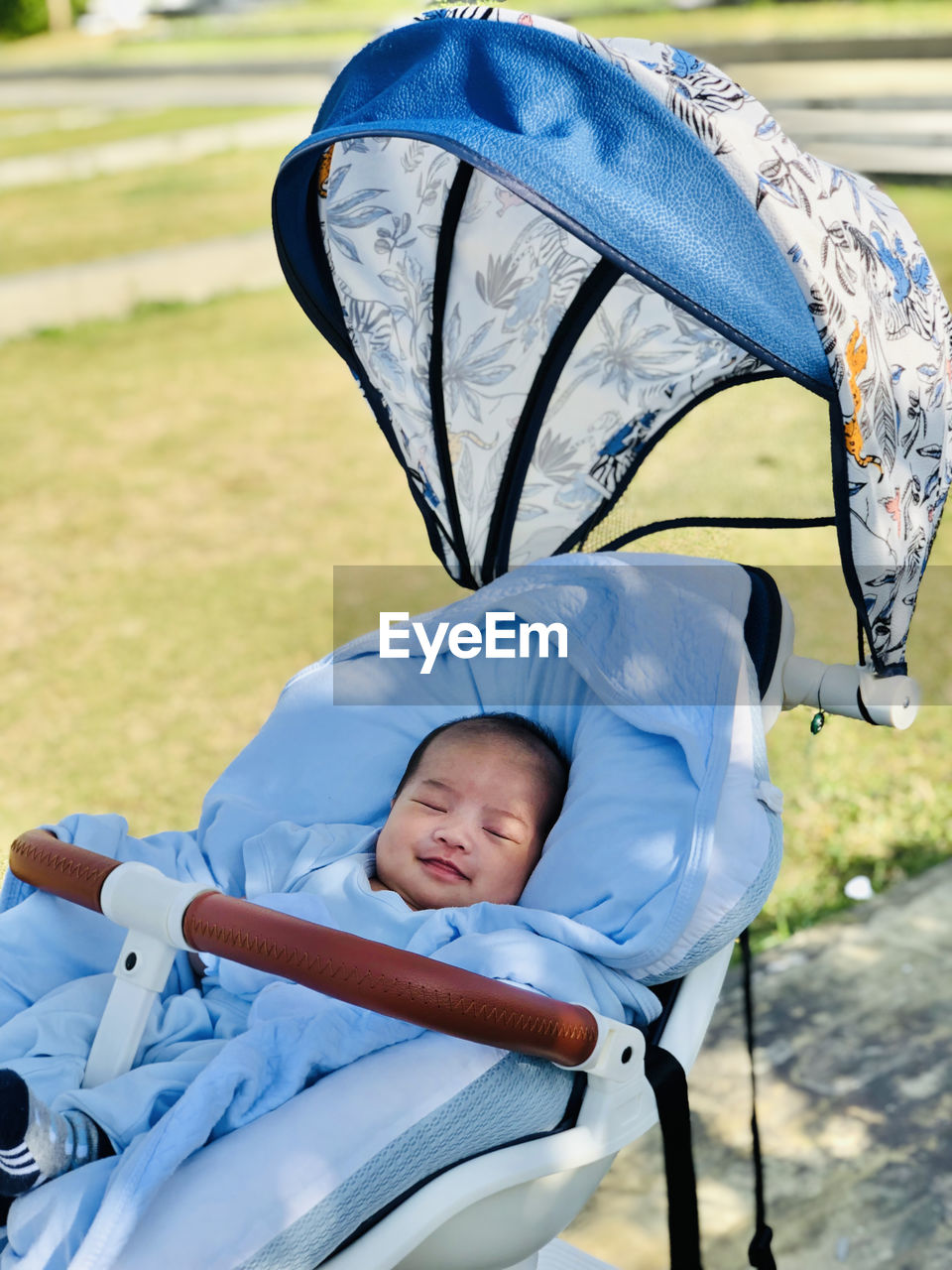 Portrait of a baby boy on a stroller