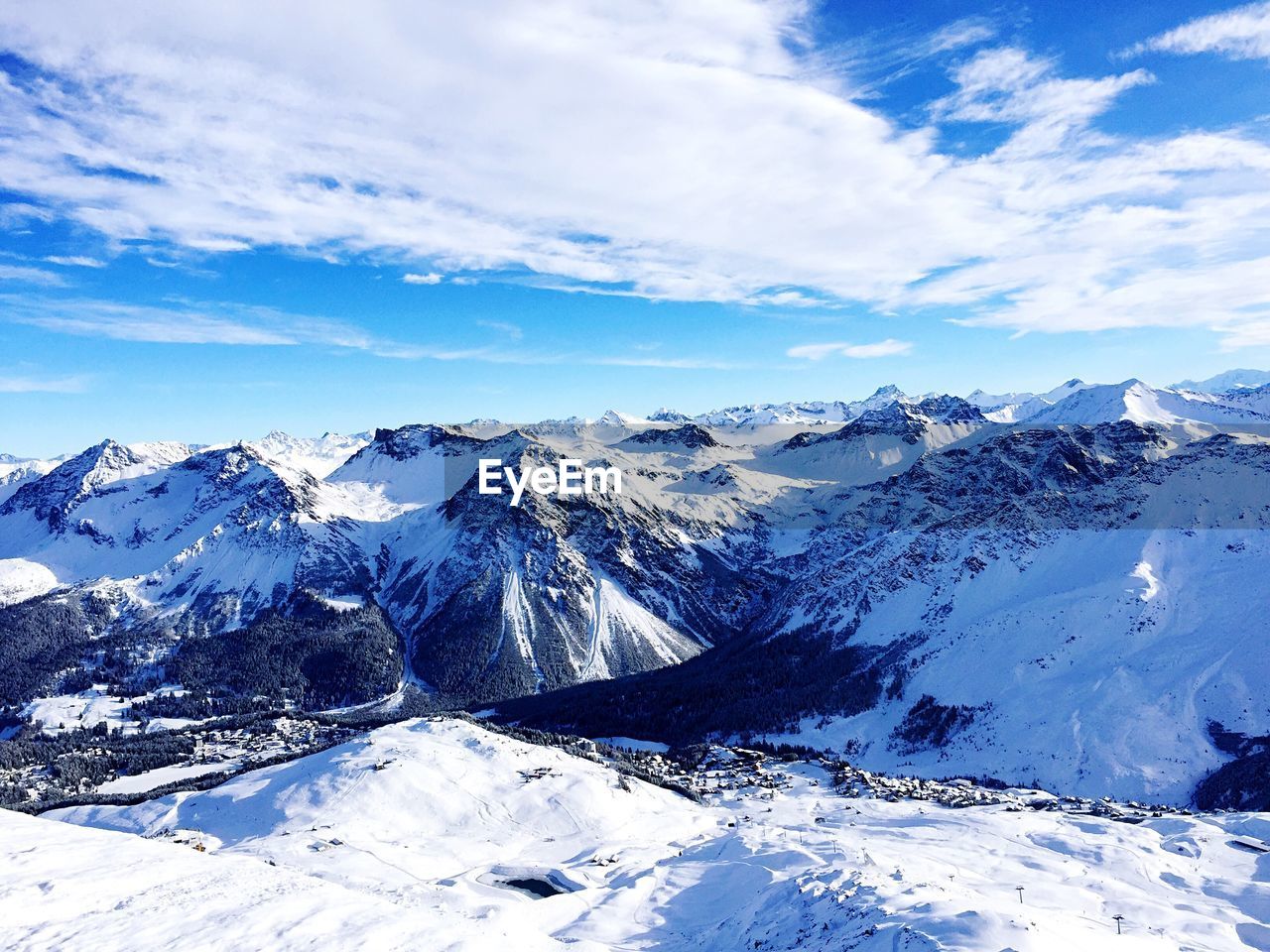 Scenic view of snow mountains against sky