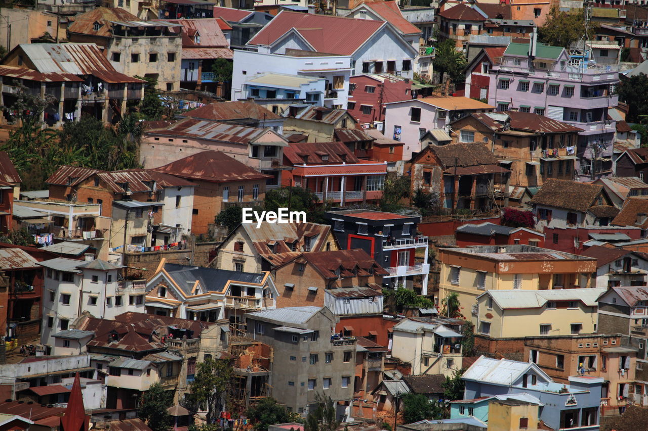 High angle view of houses in city