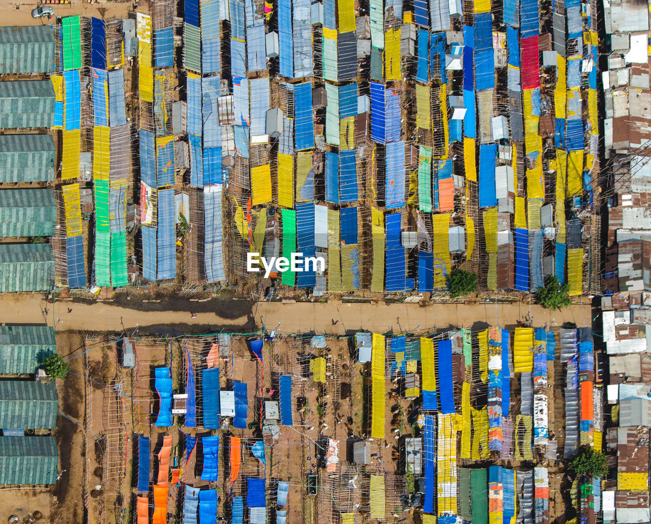 Aerial view of multi colored sheds