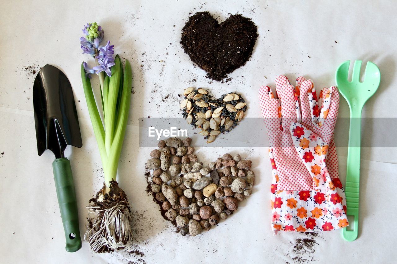 Close-up of gardening equipment on table