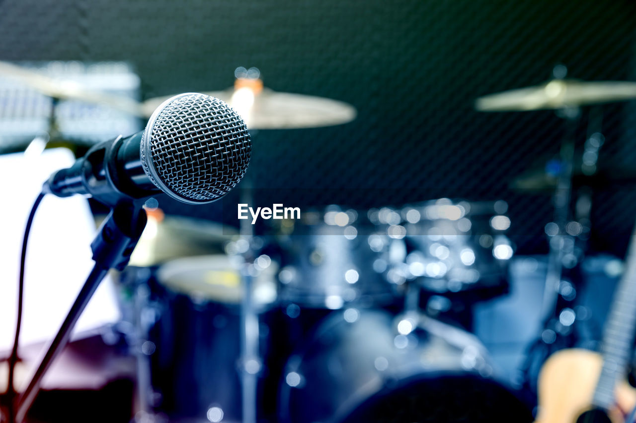 Close-up of microphone in recording studio