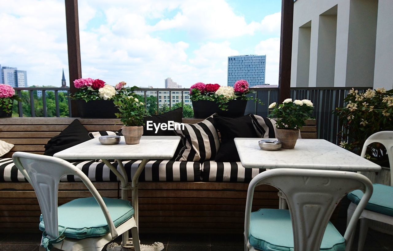 CHAIRS AND TABLE BY POTTED PLANT AGAINST SKY