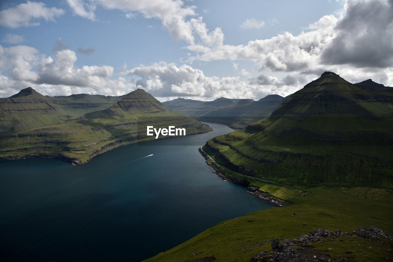 Scenic view of lake and mountains against sky