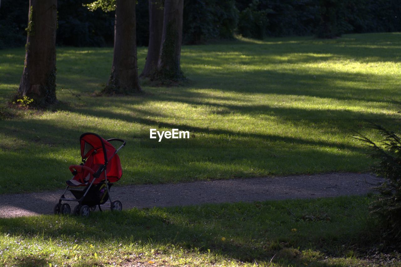 Red baby carriage on grassy field in park on sunny day