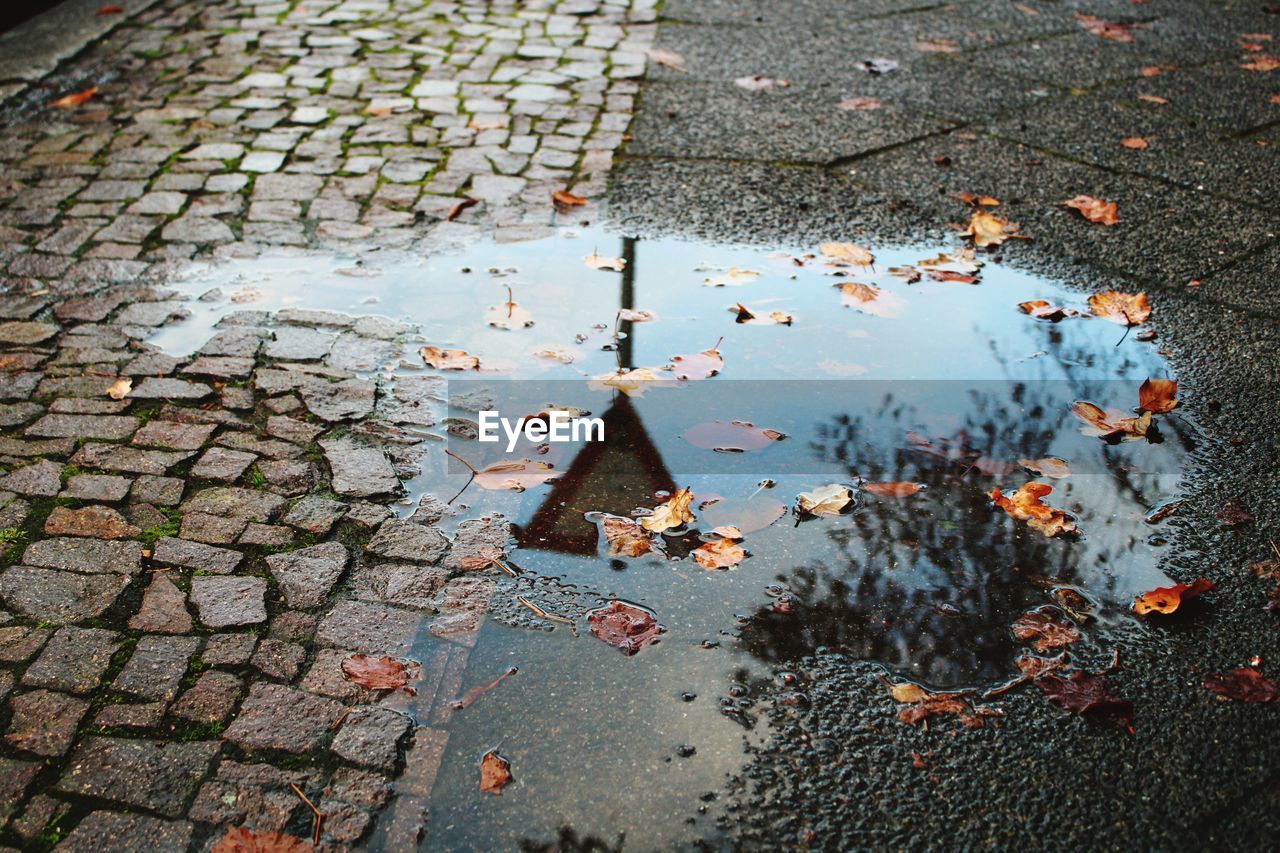 High angle view of puddle on wet street