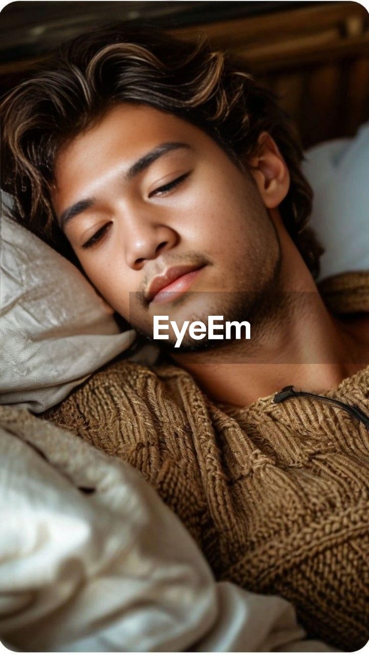 relaxation, furniture, one person, young adult, adult, indoors, lying down, sleeping, brown, portrait, bed, human face, eyes closed, comfortable, person, resting, domestic room, headshot, lifestyles, bedroom, transfer print, men, human hair, sleep, brown hair, auto post production filter, tired, cozy, home interior, women, clothing, pillow, portrait photography, emotion, contemplation, photo shoot, hairstyle