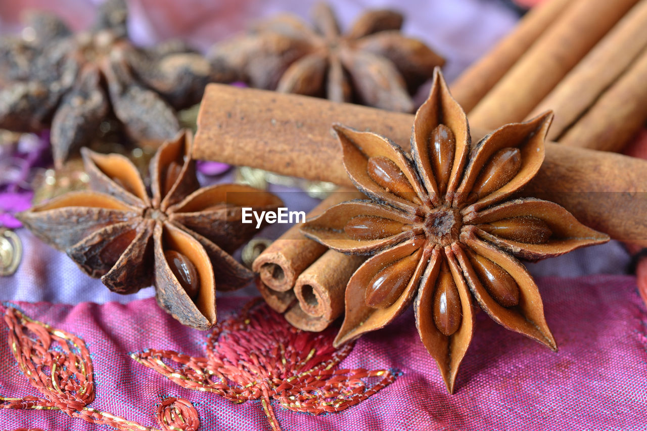Close-up of star anise and cinnamons