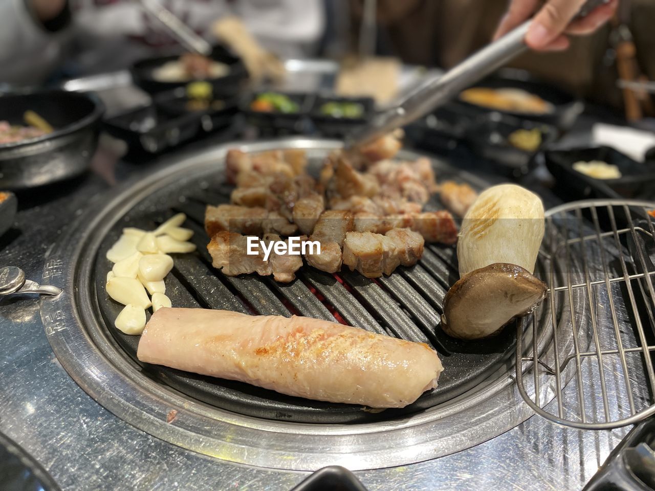 high angle view of food on barbecue grill