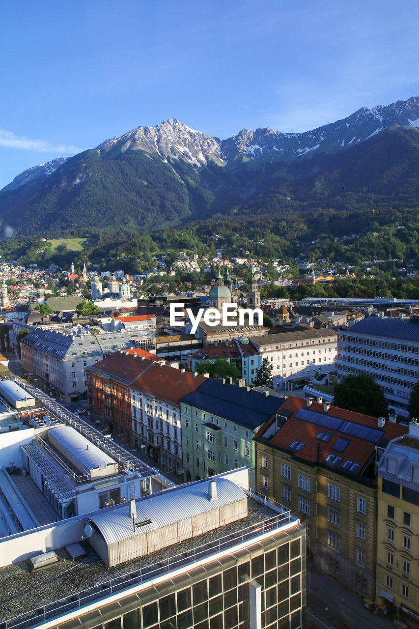 High angle view of buildings in city