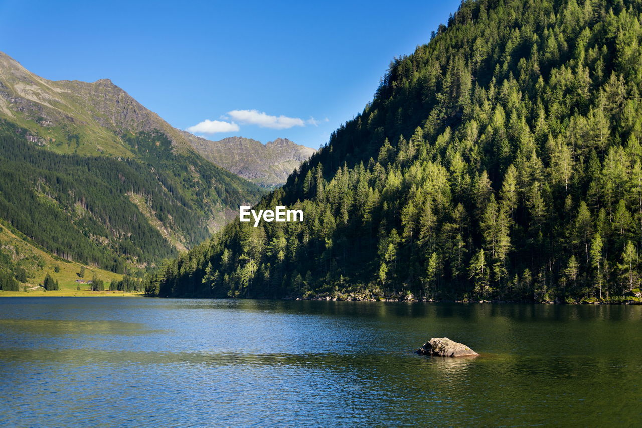 SCENIC VIEW OF LAKE BY TREE MOUNTAINS AGAINST SKY