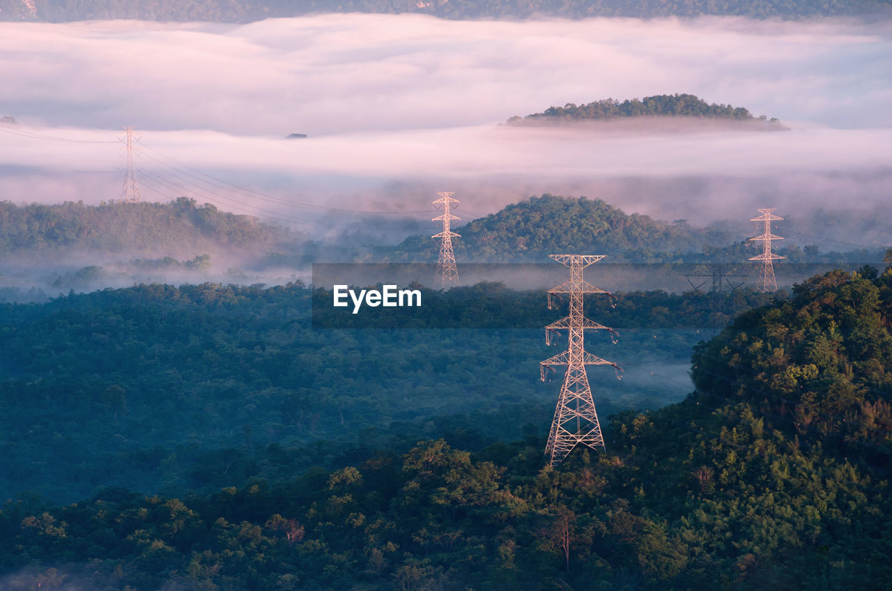 Transmission tower in green forest and beautiful morning fog. energy and environment concept. 