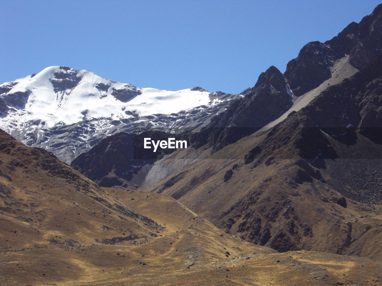 Scenic view of snowcapped mountains against clear sky