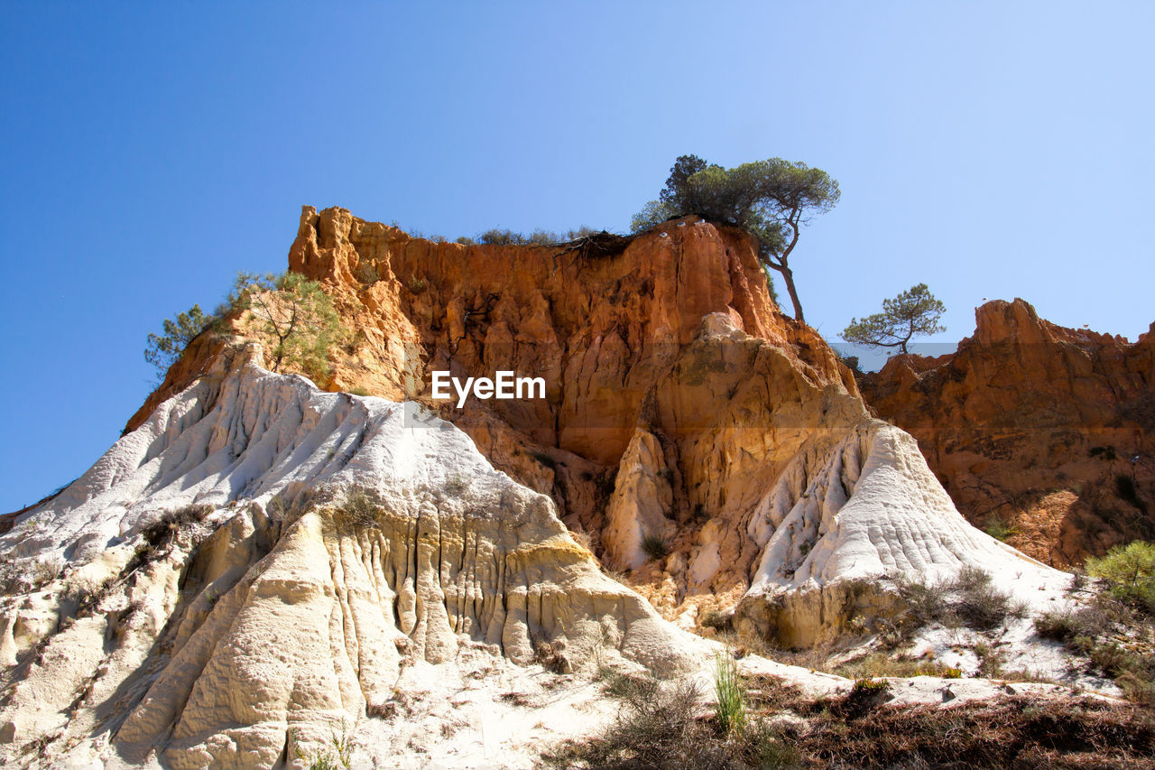 Rock formations against clear blue sky