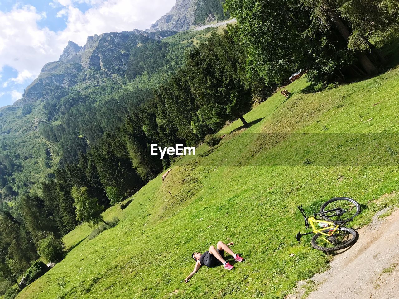 Woman with bicycle lying on field against trees