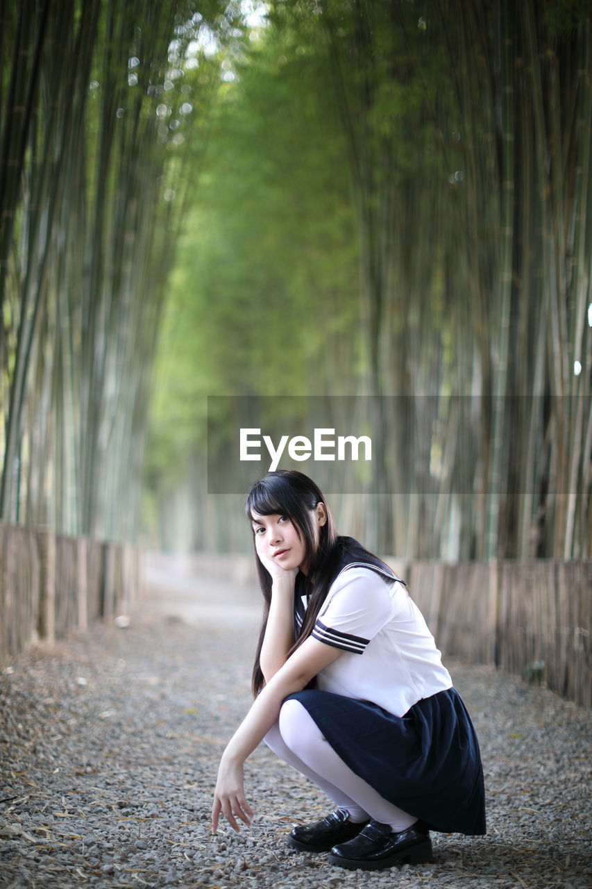 Portrait of young woman crouching amidst bamboo groove