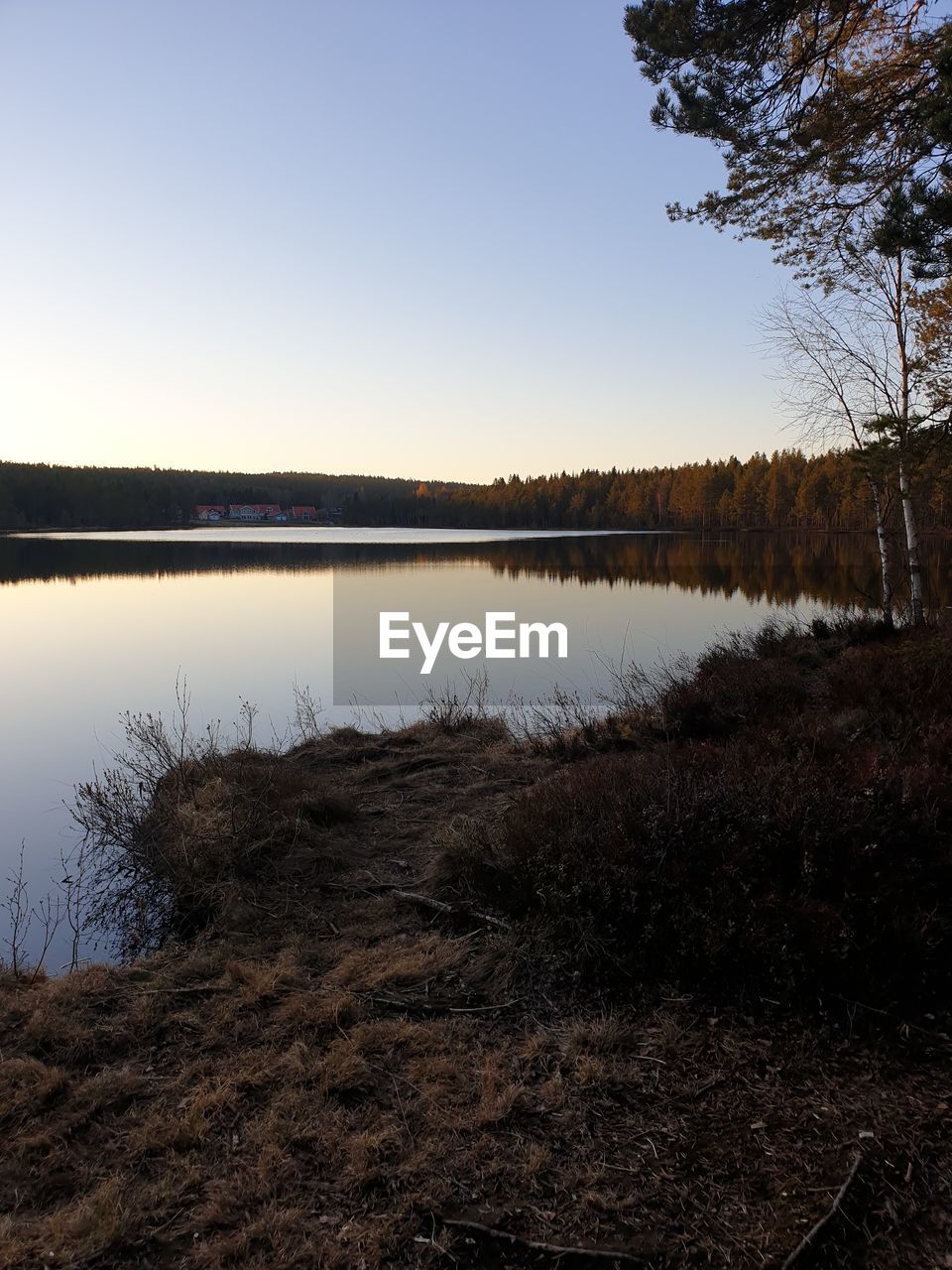 SCENIC VIEW OF CALM LAKE AGAINST CLEAR SKY