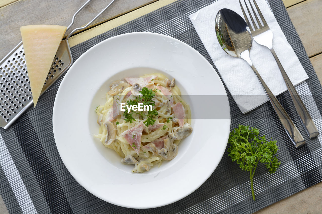 Directly above shot of spaghetti with cheese and meat in plate