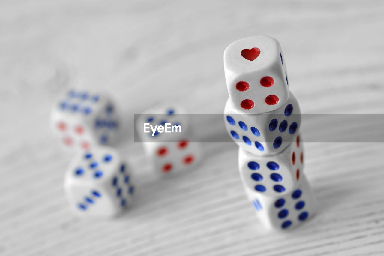 High angle view of dice on table