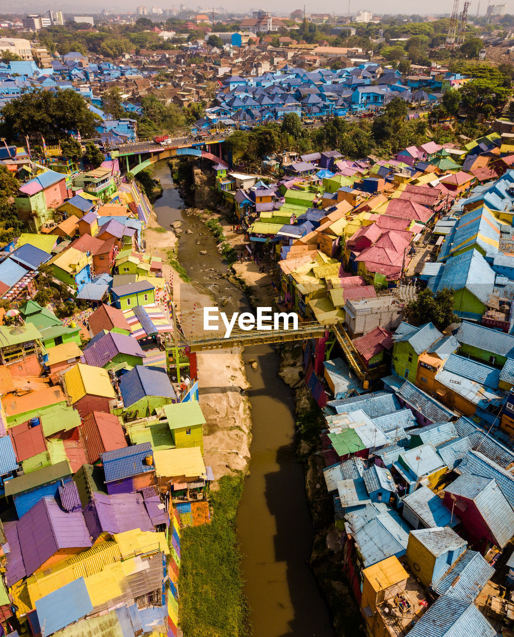 High angle view of multi colored buildings in city