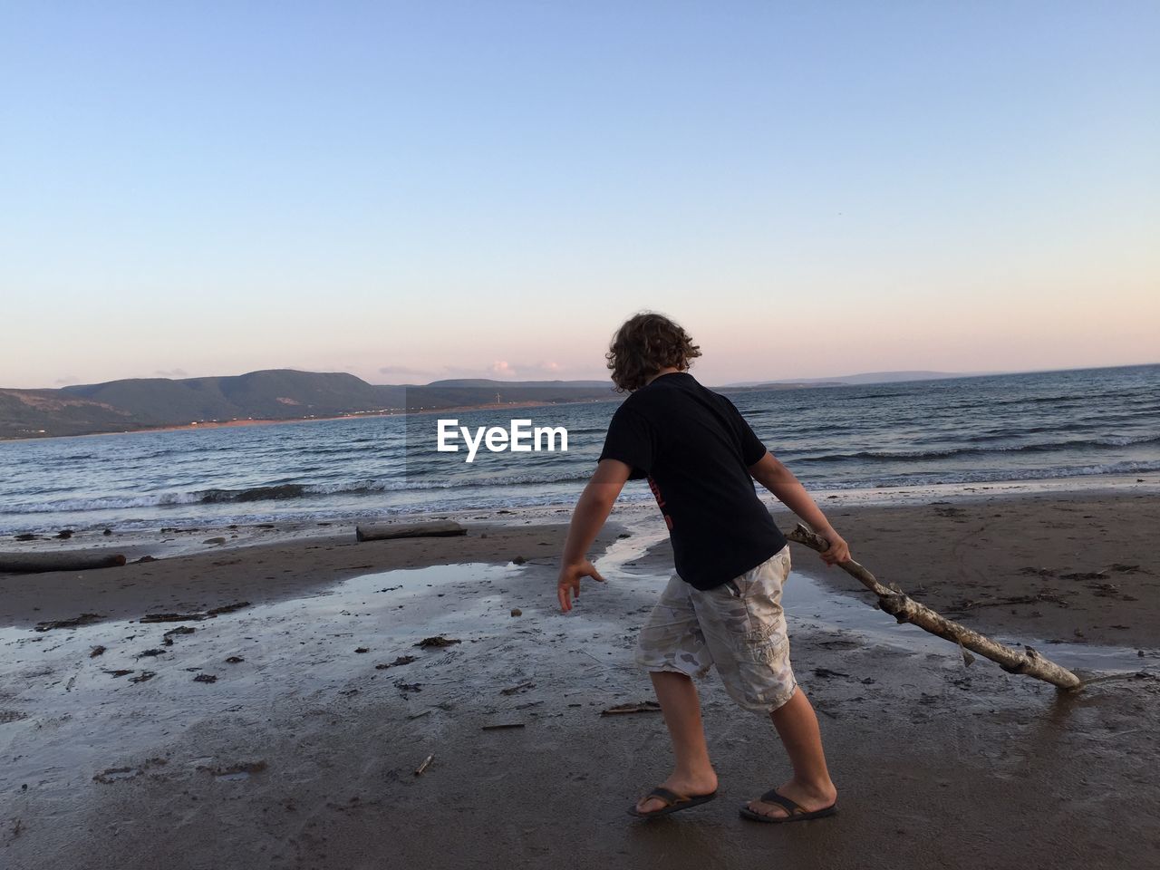 Boy holding driftwood while standing on beach against clear sky