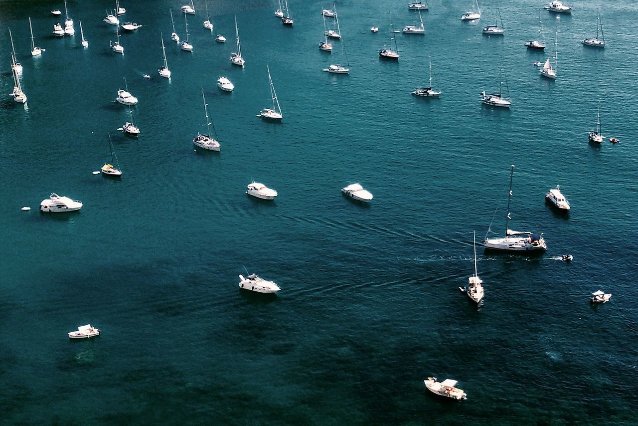 High angle view of boats in sea