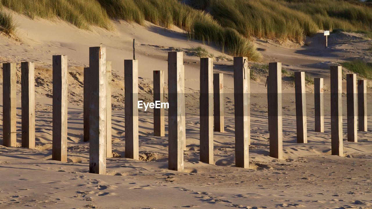 Wooden posts on beach