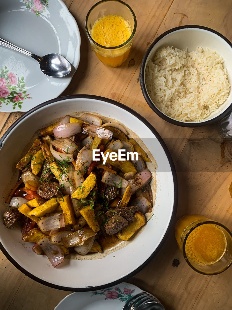 High angle view of food served on table