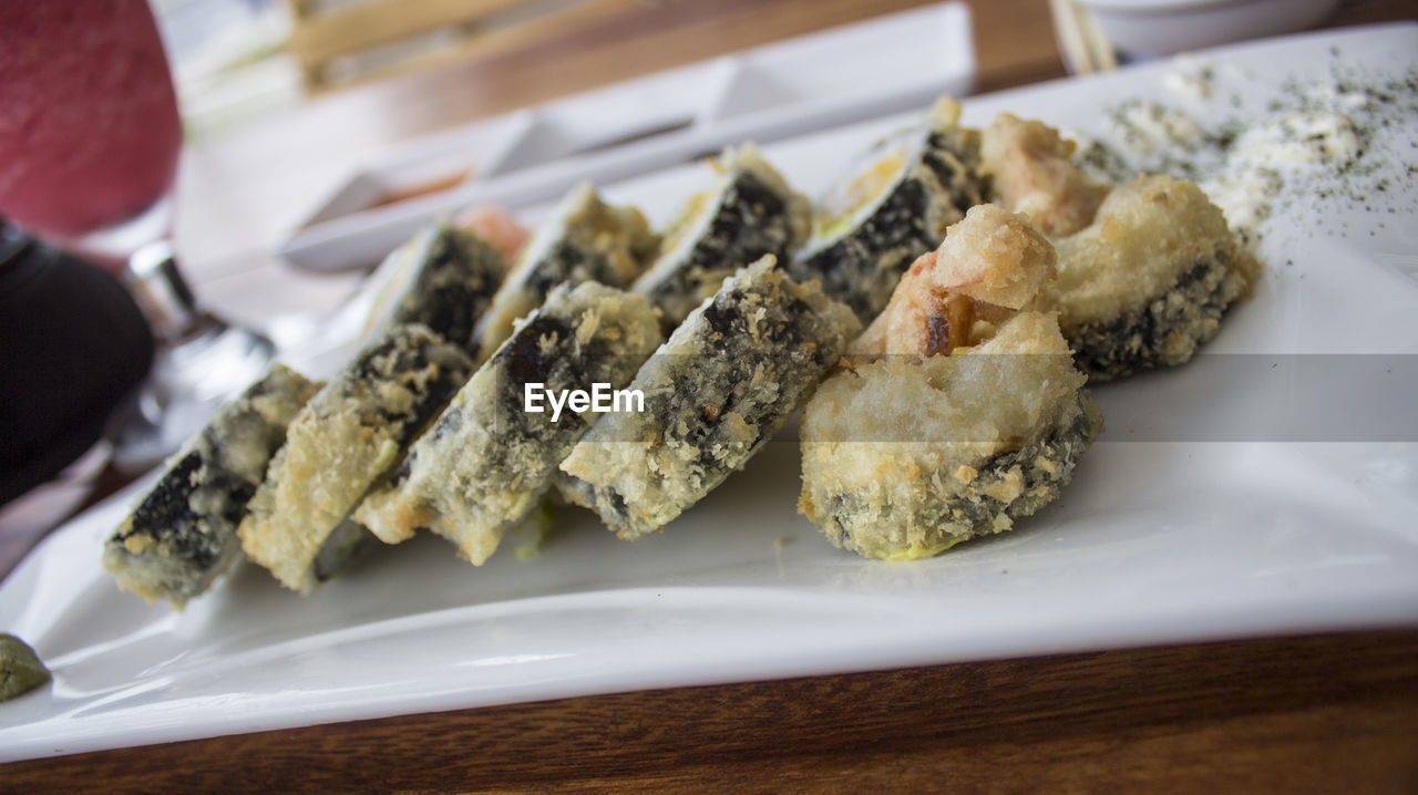 Close-up of food in plate on table