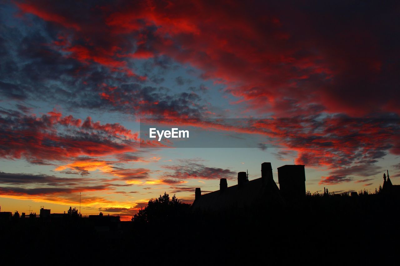 Scenic sunset over silhouettes of roofs