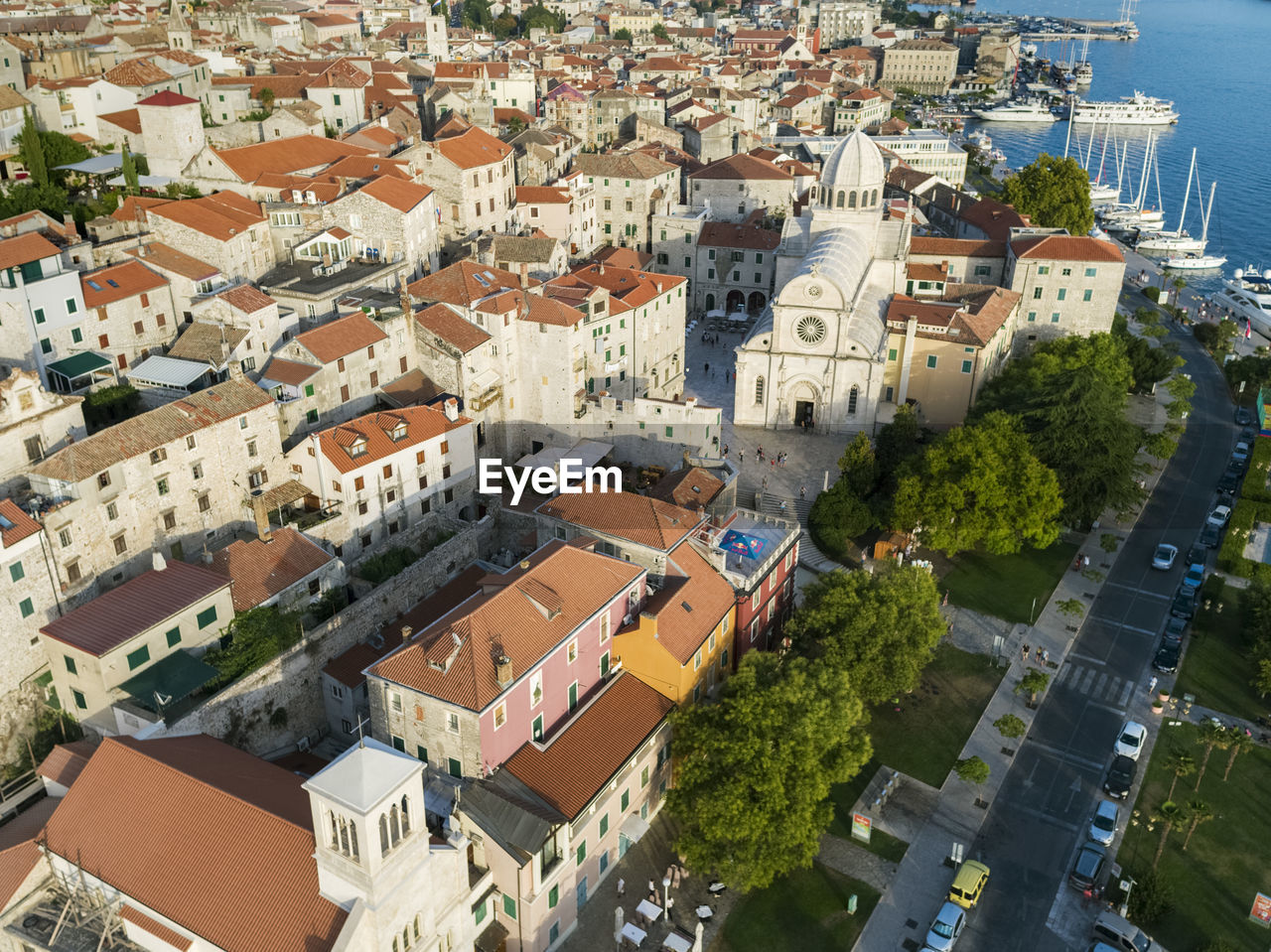 High angle view of townscape and buildings in city