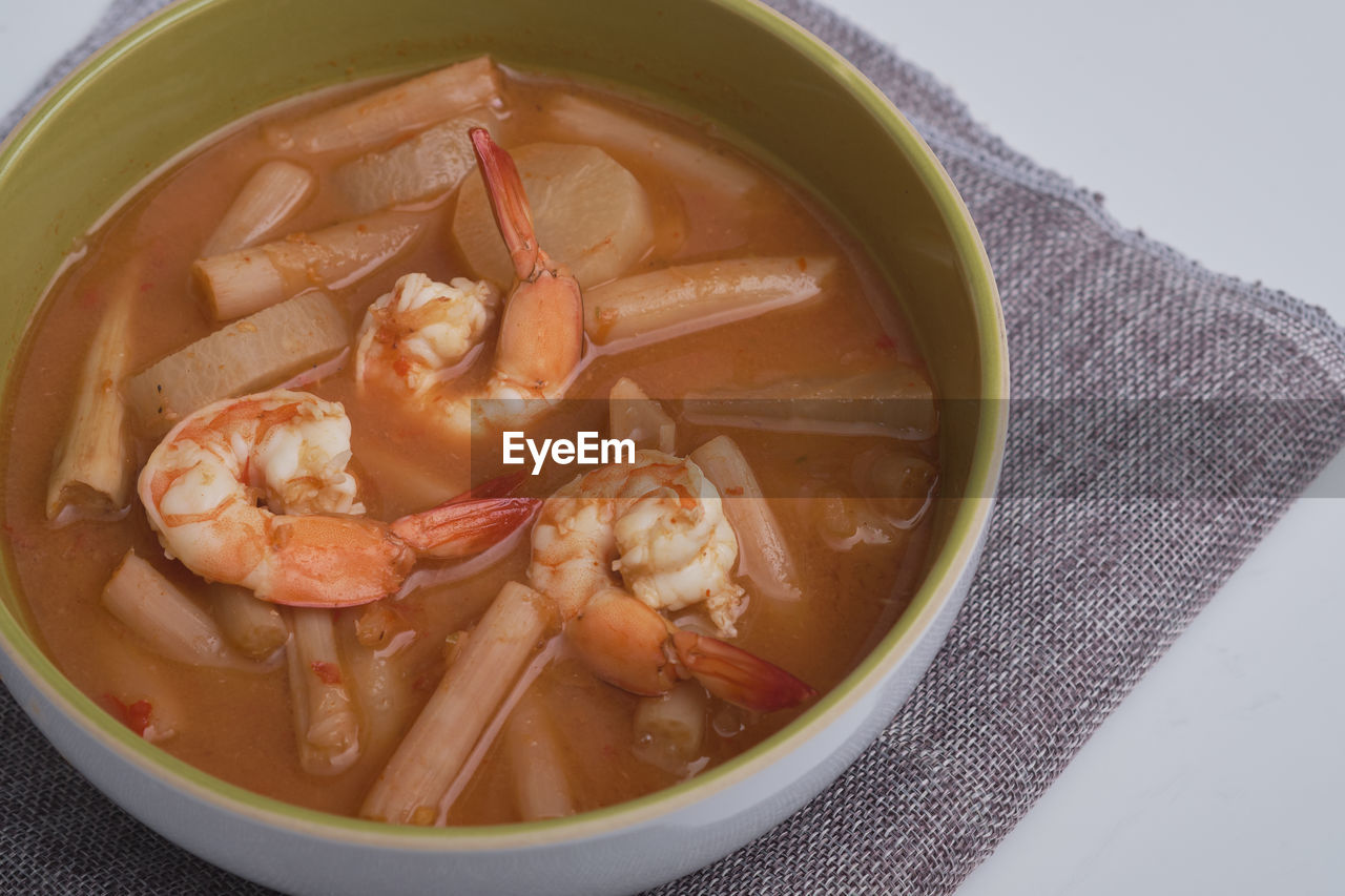 High angle view of soup in bowl on table