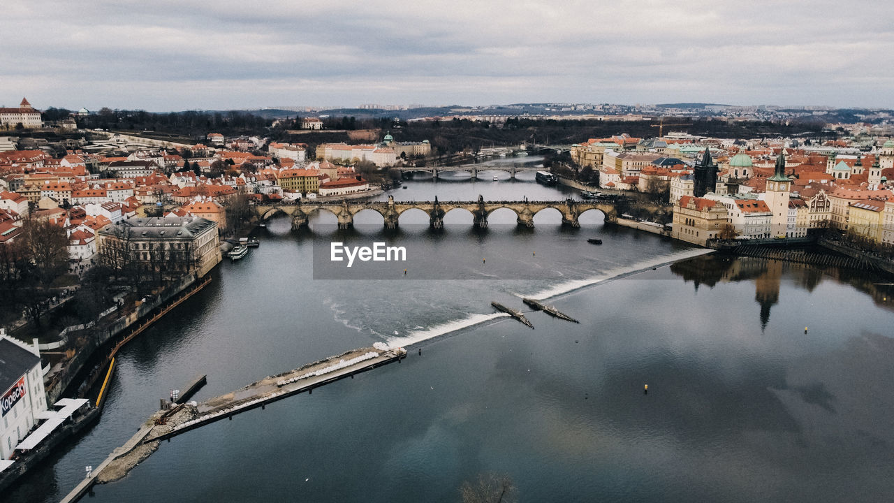 Prague charles bridge aerial view. old town.