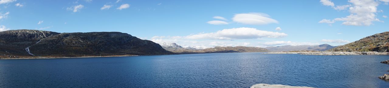 Panoramic view of sea and mountains against sky