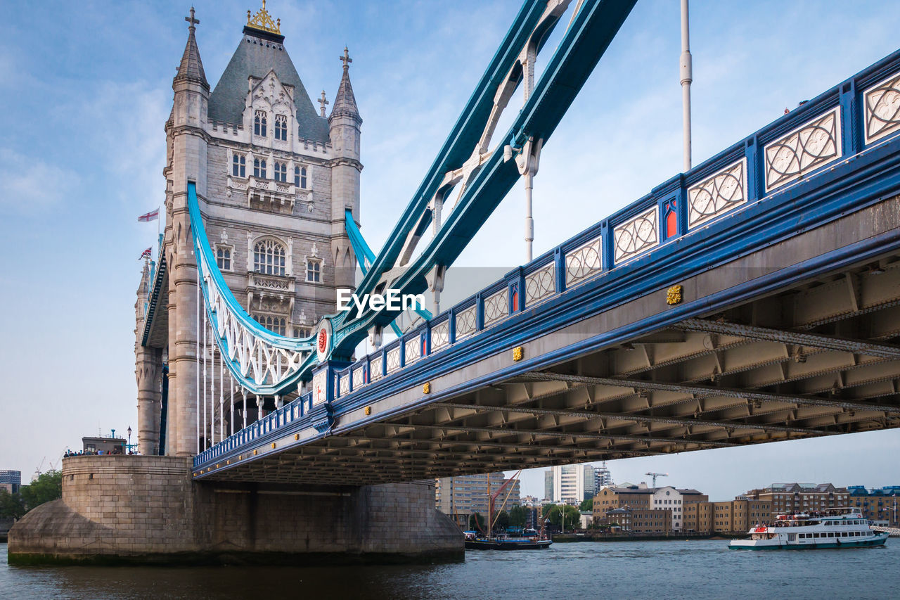 Bridge over river with city in background