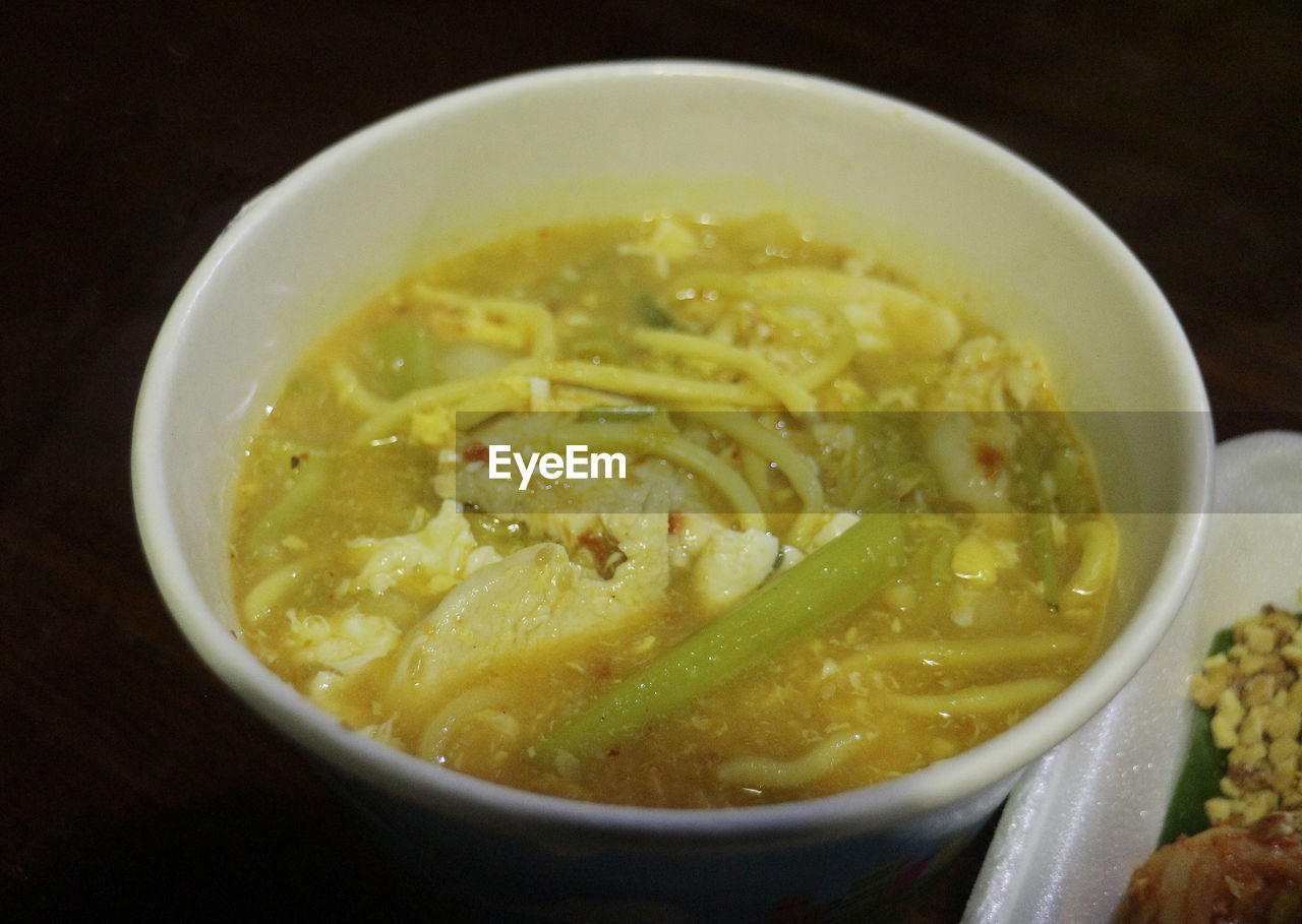 HIGH ANGLE VIEW OF SOUP IN BOWL ON TABLE