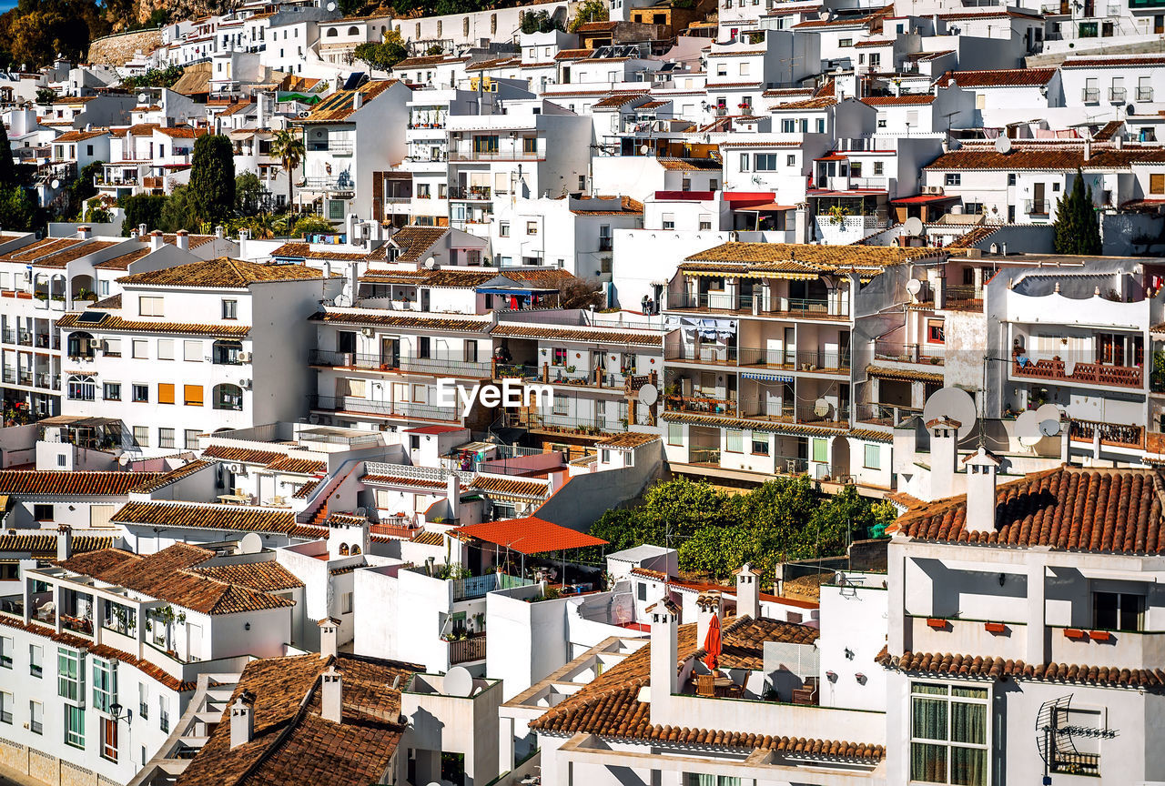 High angle view of white village of mijas