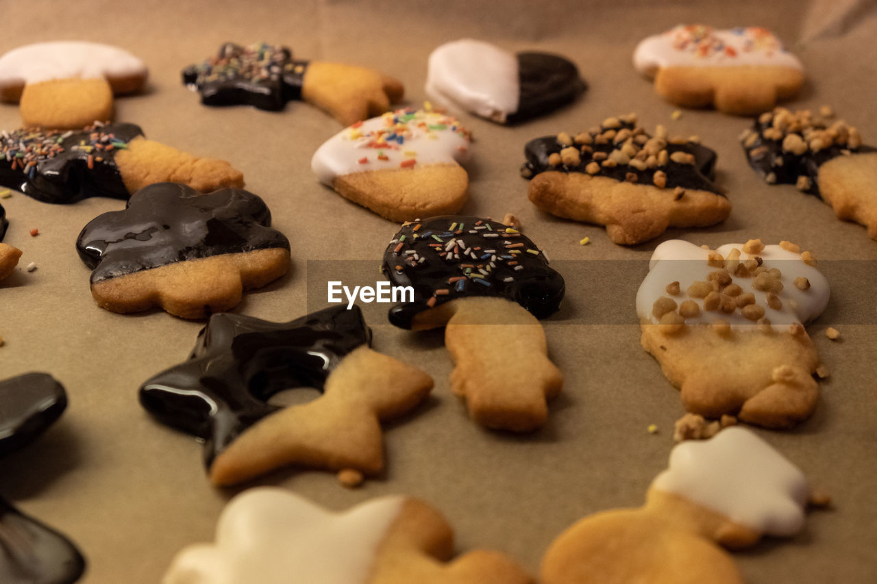 High angle view of cookies on table