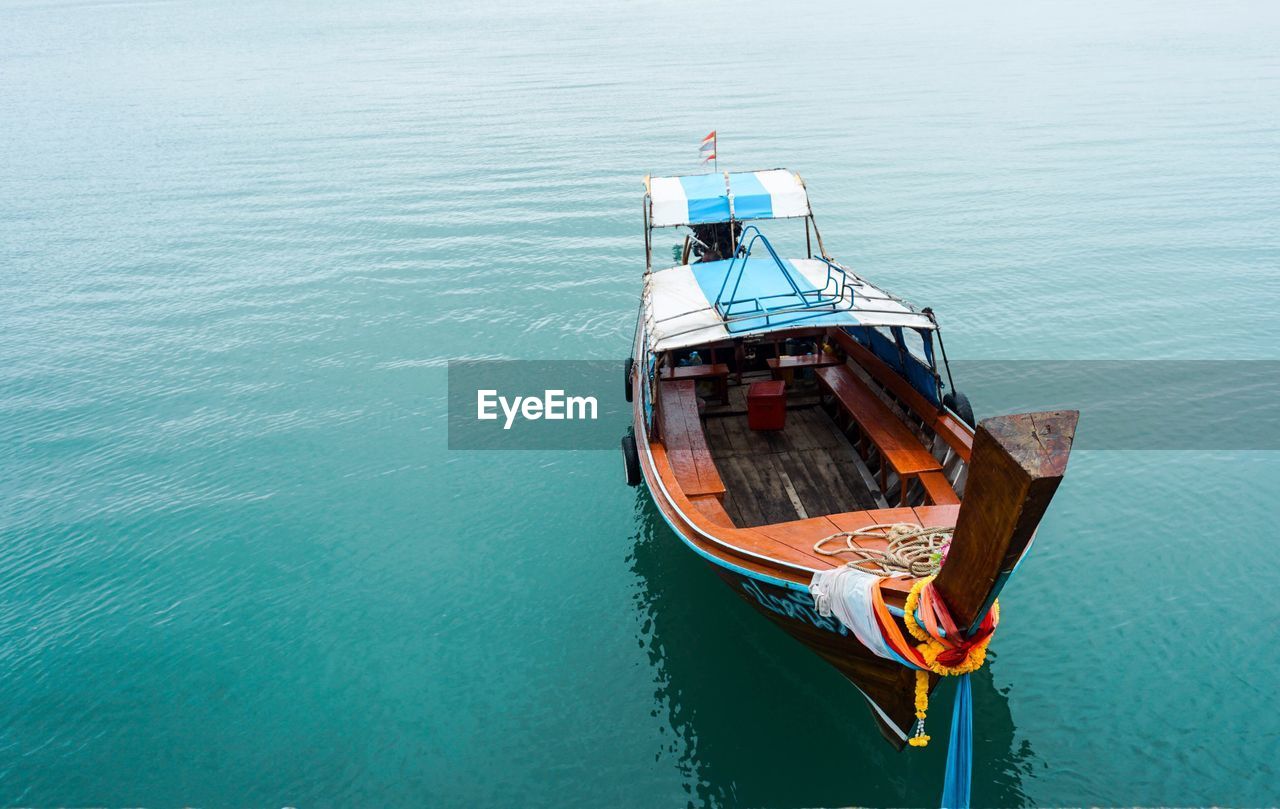 High angle view of ship moored in sea