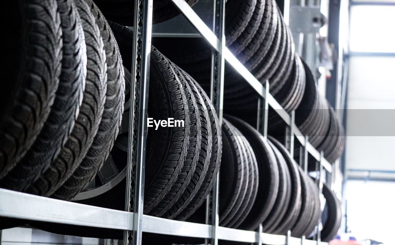 Low angle view of tires in warehouse
