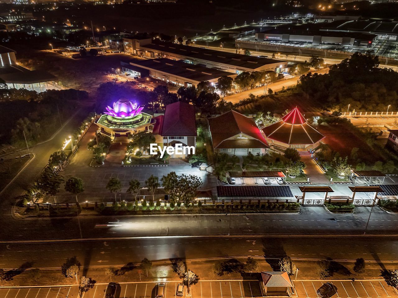 High angle view of illuminated city at night