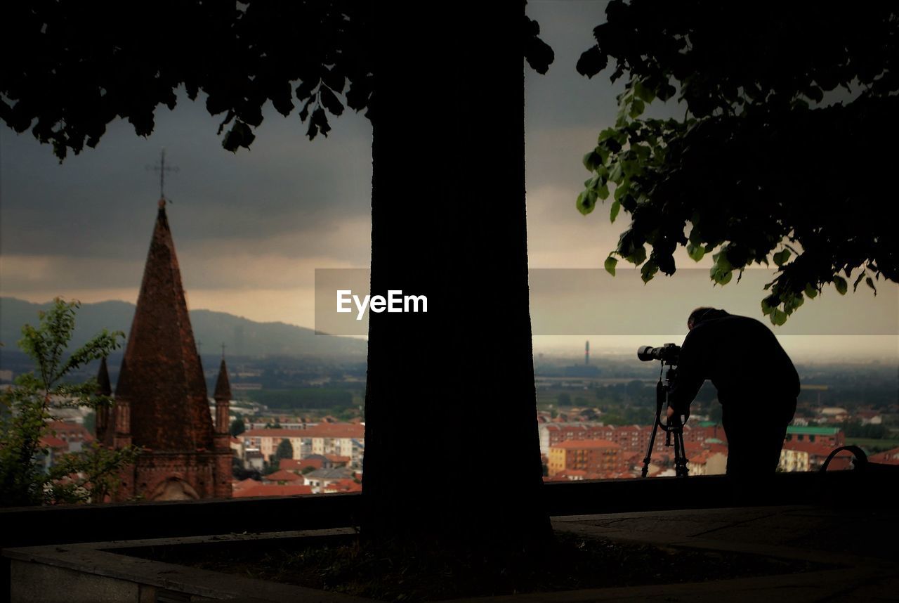 SILHOUETTE MAN WORKING AGAINST TREES