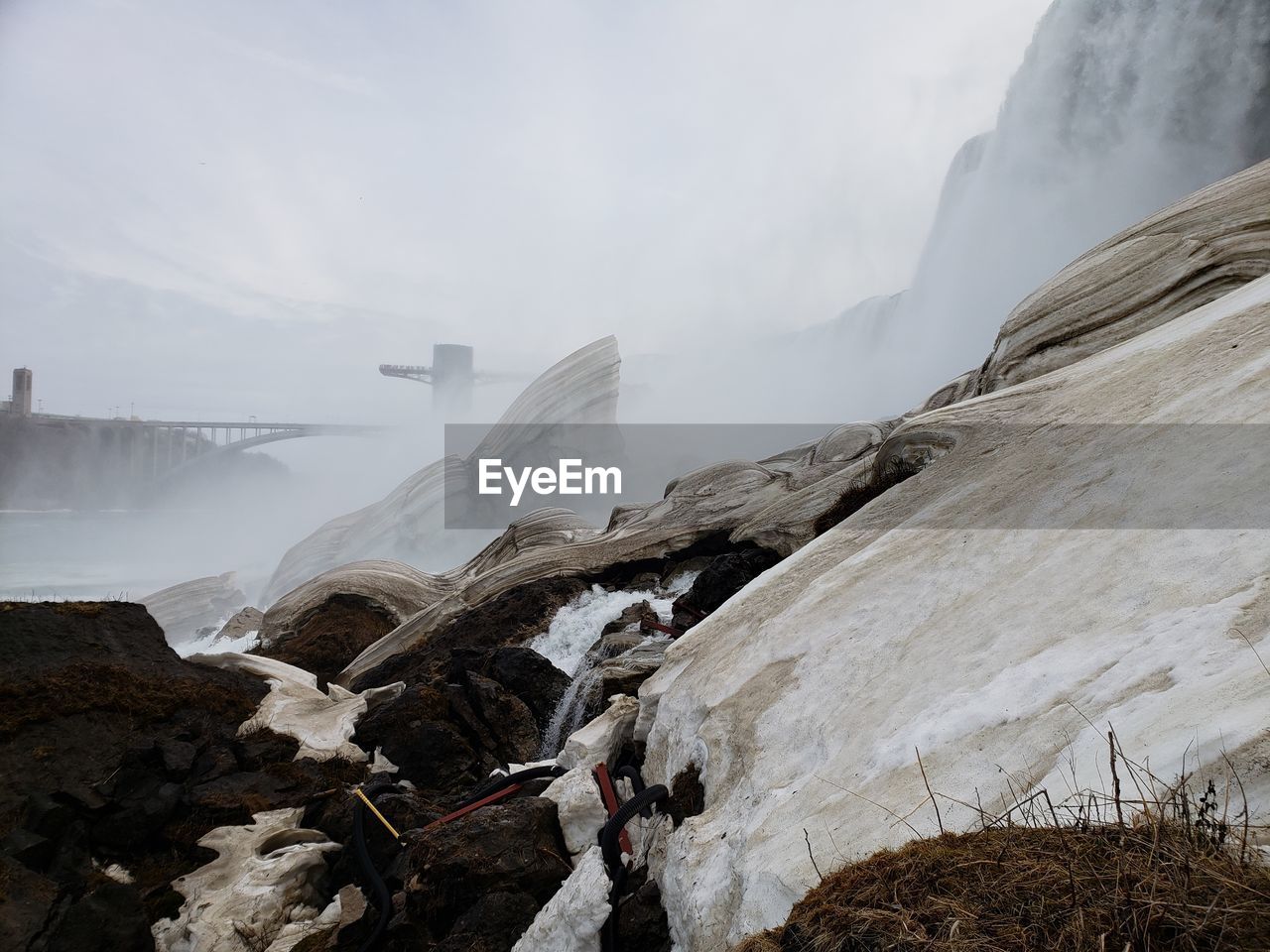 PANORAMIC VIEW OF WATERFALL AGAINST SKY DURING WINTER