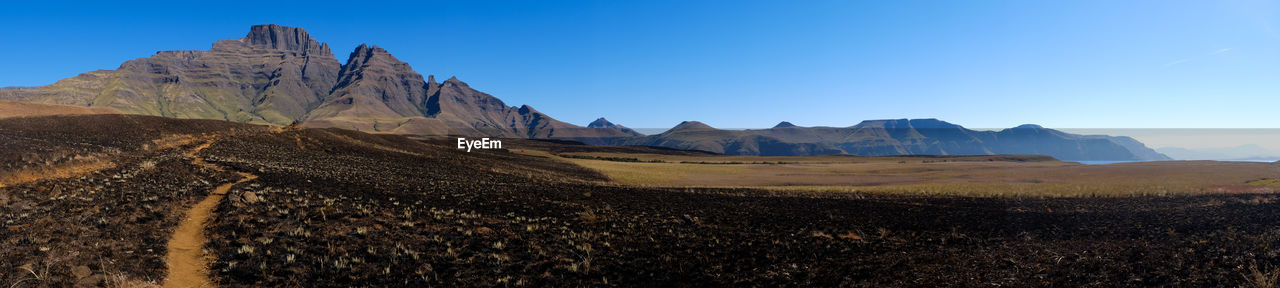 Panoramic view of rocky mountains against clear blue sky