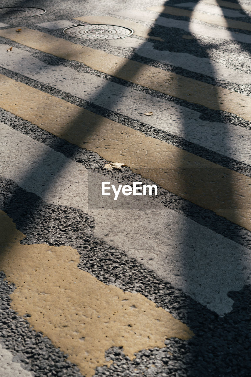 High angle view of zebra crossing on road