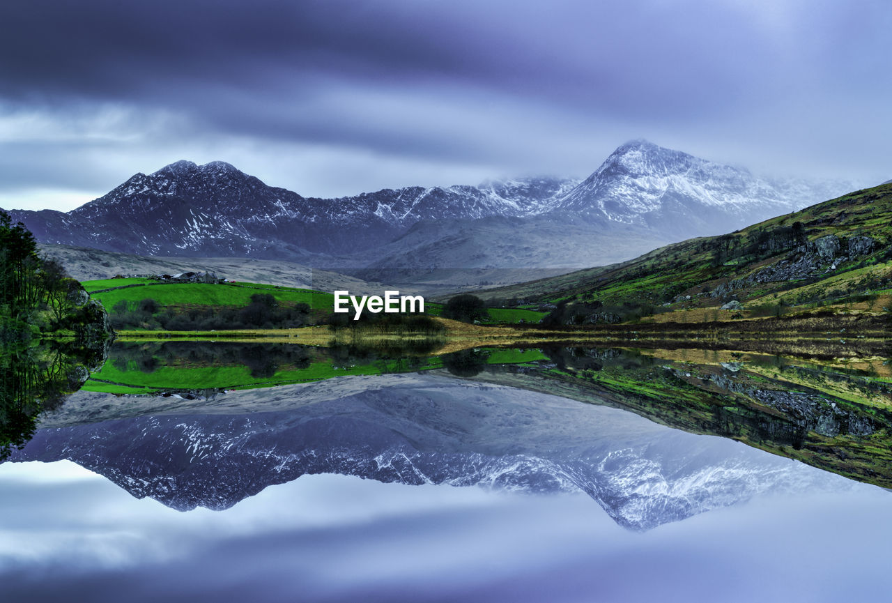 Scenic view of lake and snowcapped mountains against sky