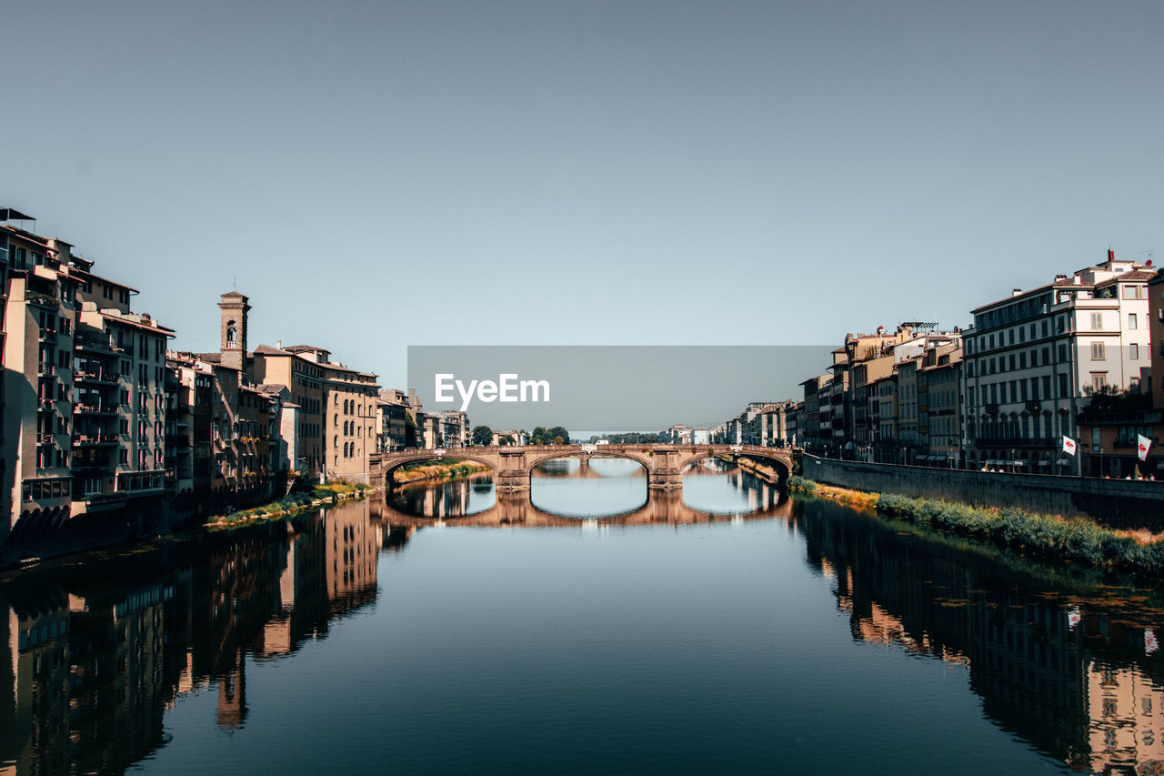 Bridge over river amidst buildings against clear sky