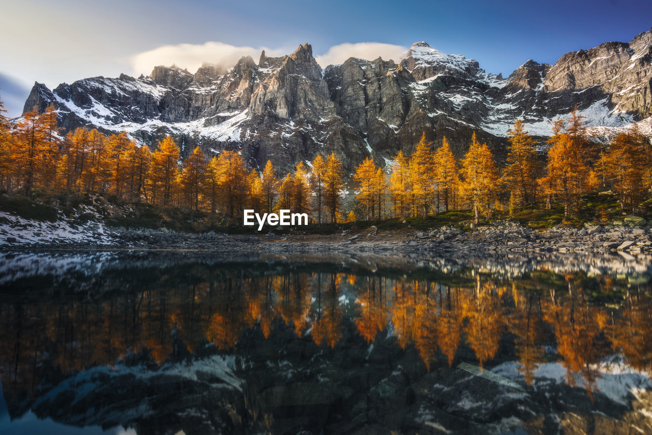 Scenic view of lake and mountains against sky